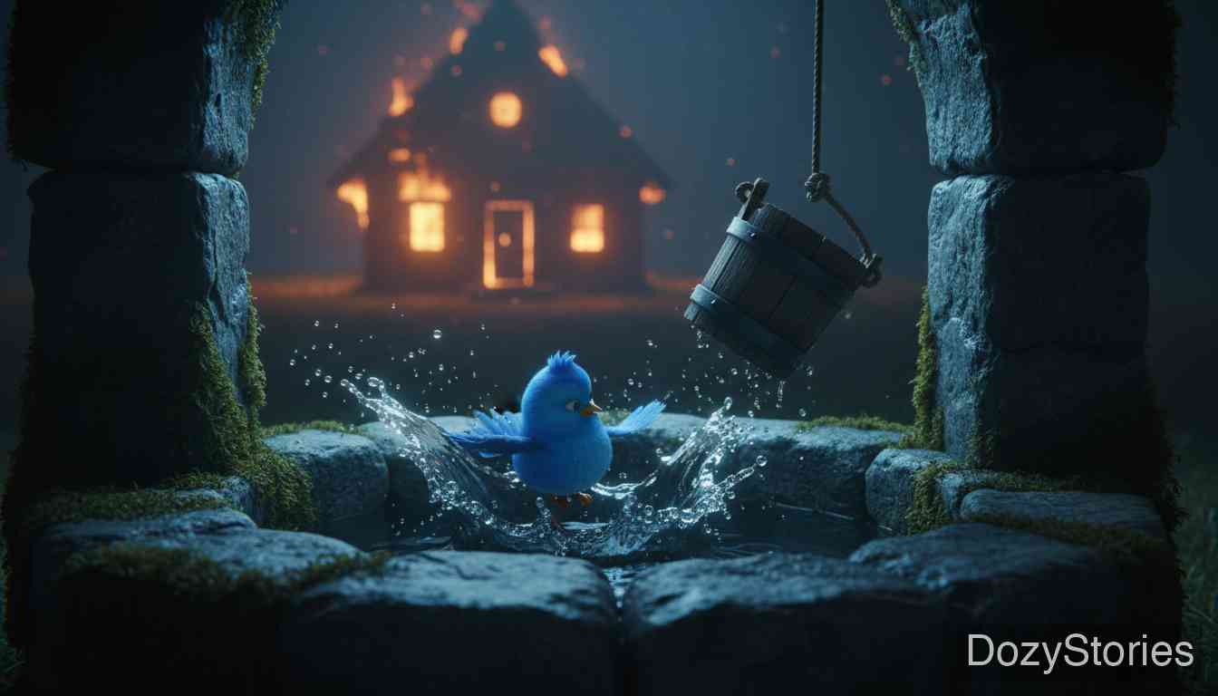 老鼠、小鸟和香肠 - 小鸟在混乱中引发了火灾,最终在取水时溺死于井中,故事以全军覆没告终。 - 场景插画 5