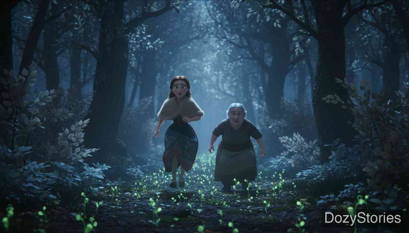 强盗新郎 - 月光照亮了发芽的豆子,姑娘和老妇人趁强盗熟睡之际顺利逃离了魔窟。 - 场景插画 4