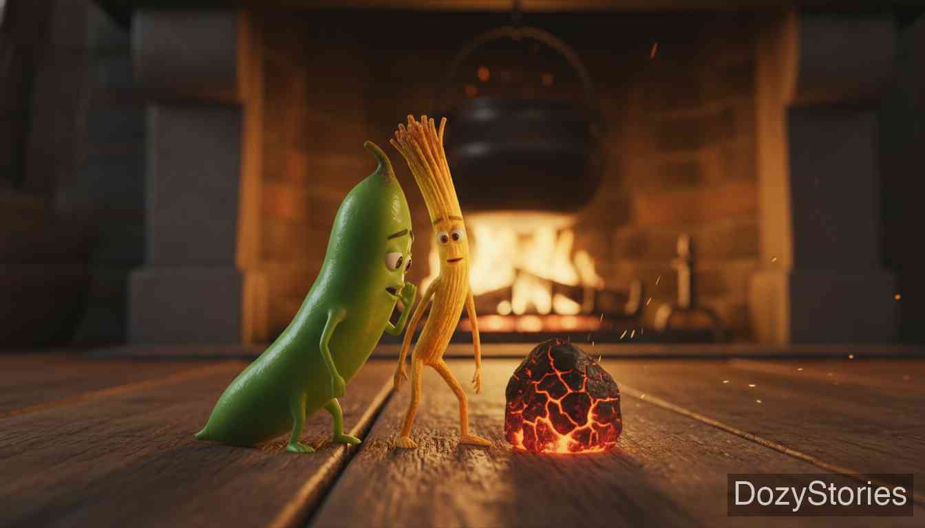 稻草、煤炭和豆子 - 老妇人生火做饭,一根稻草、一块煤炭和一颗豆子幸运地逃脱了被烧掉的命运,在地上相遇。 - 场景插画 1