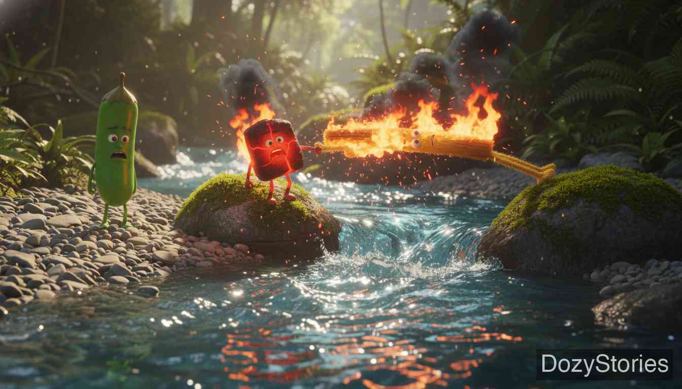 稻草、煤炭和豆子 - 性急的煤炭走到稻草桥中间时感到害怕,停滞不前,结果点燃了稻草。两者落入水中,煤炭熄灭身亡。 - 场景插画 4