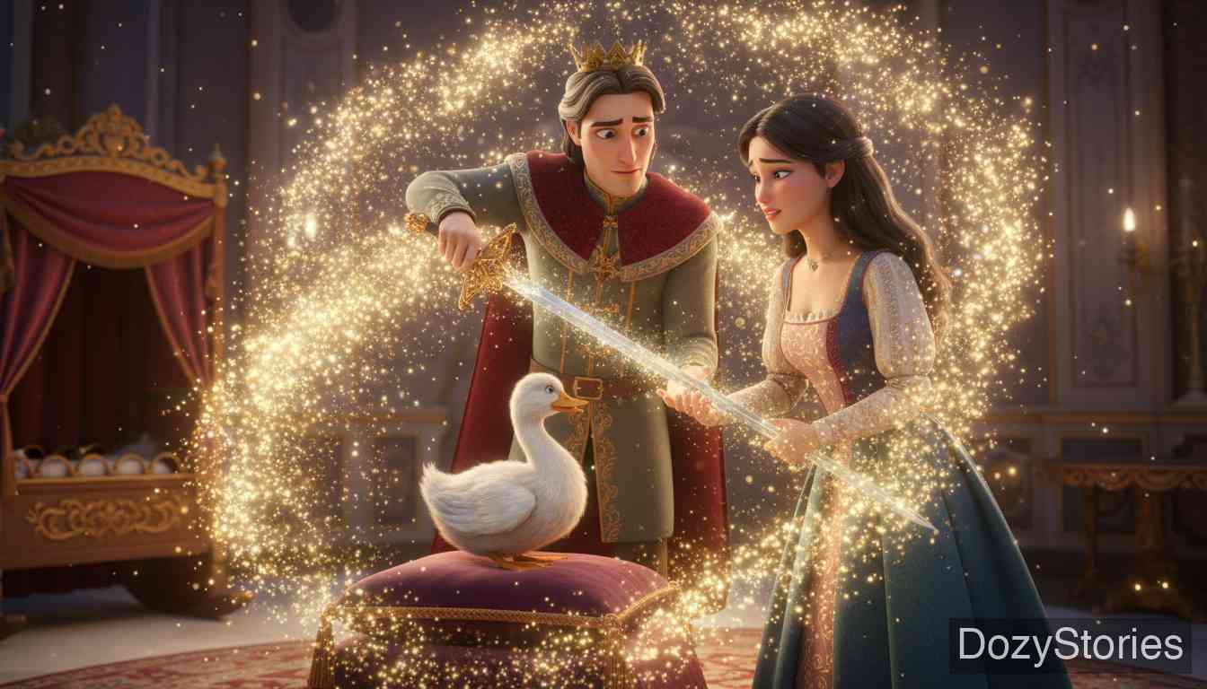 森林里的三个小矮人 - 王后化身鸭子归来照顾孩子,国王破除了魔咒,恶毒的继母和继妹受到了严厉的惩罚。 - 场景插画 5