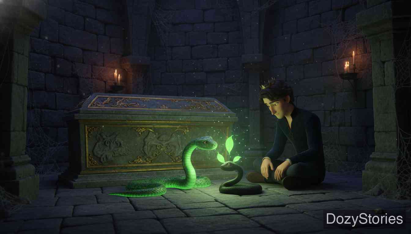 三片蛇叶 - 王后病逝,年轻的国王履行誓言随她进入墓穴。绝望中,他目睹一条蛇用三片绿叶救活了另一条死去的蛇。 - 场景插画 2