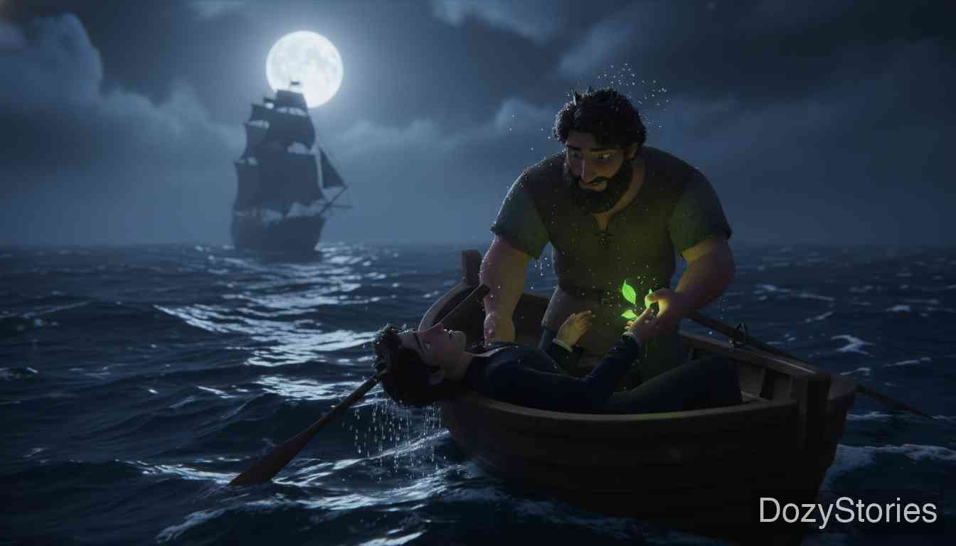 三片蛇叶 - 复活后的王后变了心,与船长合谋将丈夫抛入大海。忠仆划船救起国王,并再次用蛇叶使其复活。 - 场景插画 4