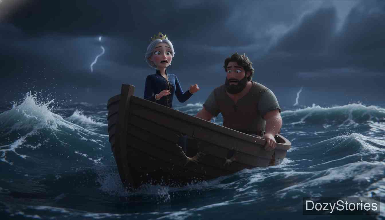 三片蛇叶 - 国王先一步回国揭穿真相。恶毒的王后归来撒谎被识破,最终与船长一起被放入漏船沉海惩罚。 - 场景插画 5