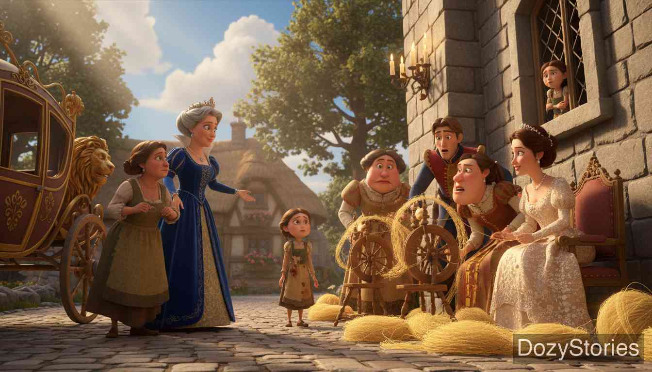 三个纺纱女 - 母亲为了掩盖女儿的懒惰向王后撒谎,结果王后因为喜爱纺纱声将女孩带回了城堡。 - 场景插画 1