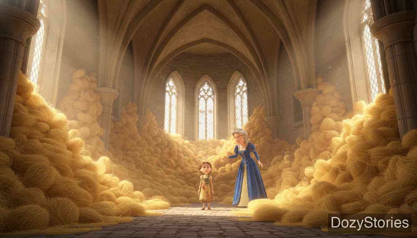 三个纺纱女 - 王后向女孩展示了装满亚麻的房间,并承诺若她能纺完就让她嫁给王子,女孩因此陷入了绝望。 - 场景插画 2