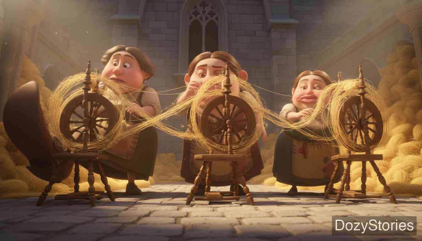 三个纺纱女 - 三个女人用神奇的速度纺完了所有的亚麻,女孩把她们藏起来不让王后看见,王后对女孩的“勤劳”赞不绝口。 - 场景插画 4