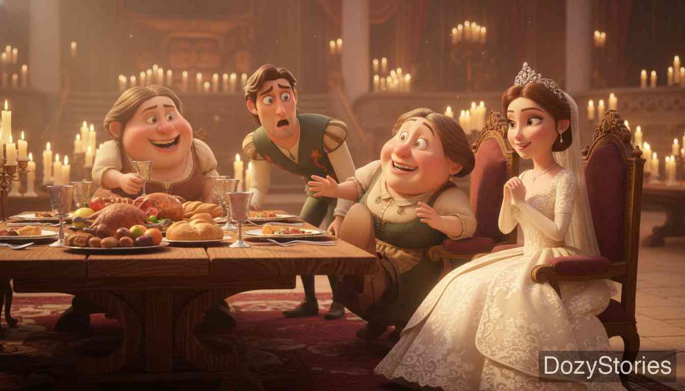 三个纺纱女 - 婚礼上,新郎得知三位“表姐”的丑陋是因为纺纱造成的,于是下令禁止美丽的新娘再碰纺车。 - 场景插画 5