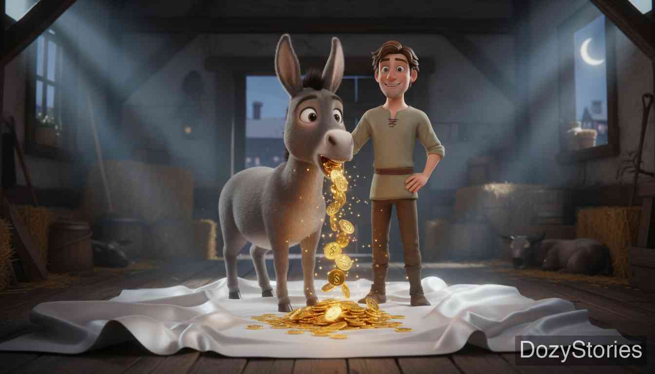 桌子、金驴和口袋里的棍子 - 二儿子带回能吐金币的驴子,却在同一家客栈被贪心的店主偷走。 - 场景插画 3