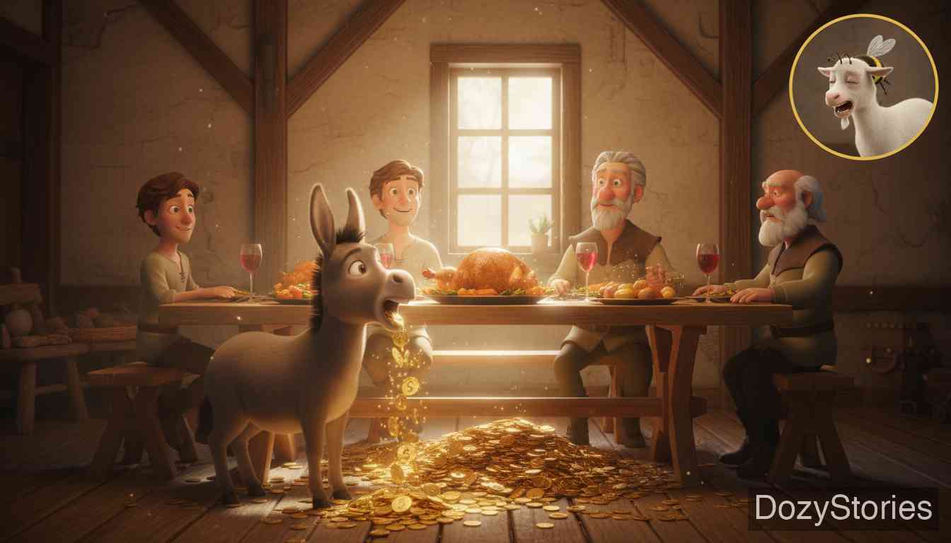 桌子、金驴和口袋里的棍子 - 三兄弟团聚,向父亲展示了真正的宝物,全家人从此过上幸福生活。 - 场景插画 5